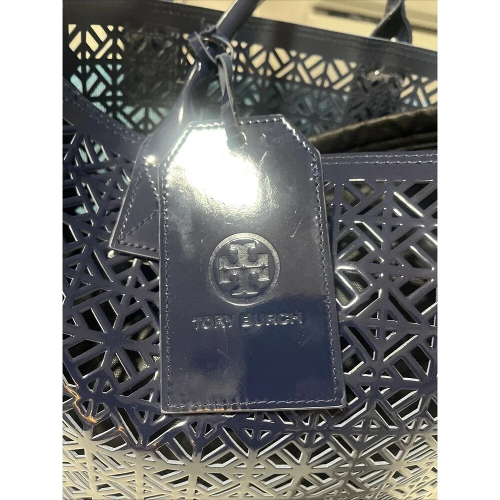 Tory Burch Navy Laser Cut PVC Patent Tote Shopper Beach Bag Geometric Large